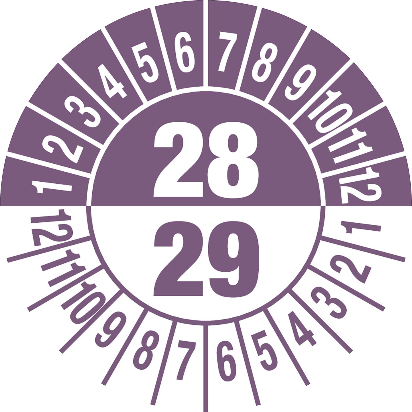 Test placard, multiple years, document film, Ø 25 mm, pack of 10, 28/29, purple.
