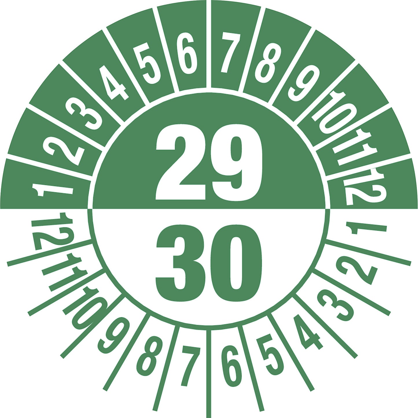 Test placard, multiple years, document film, Ø 30 mm, pack of 10, 29/30, green.
