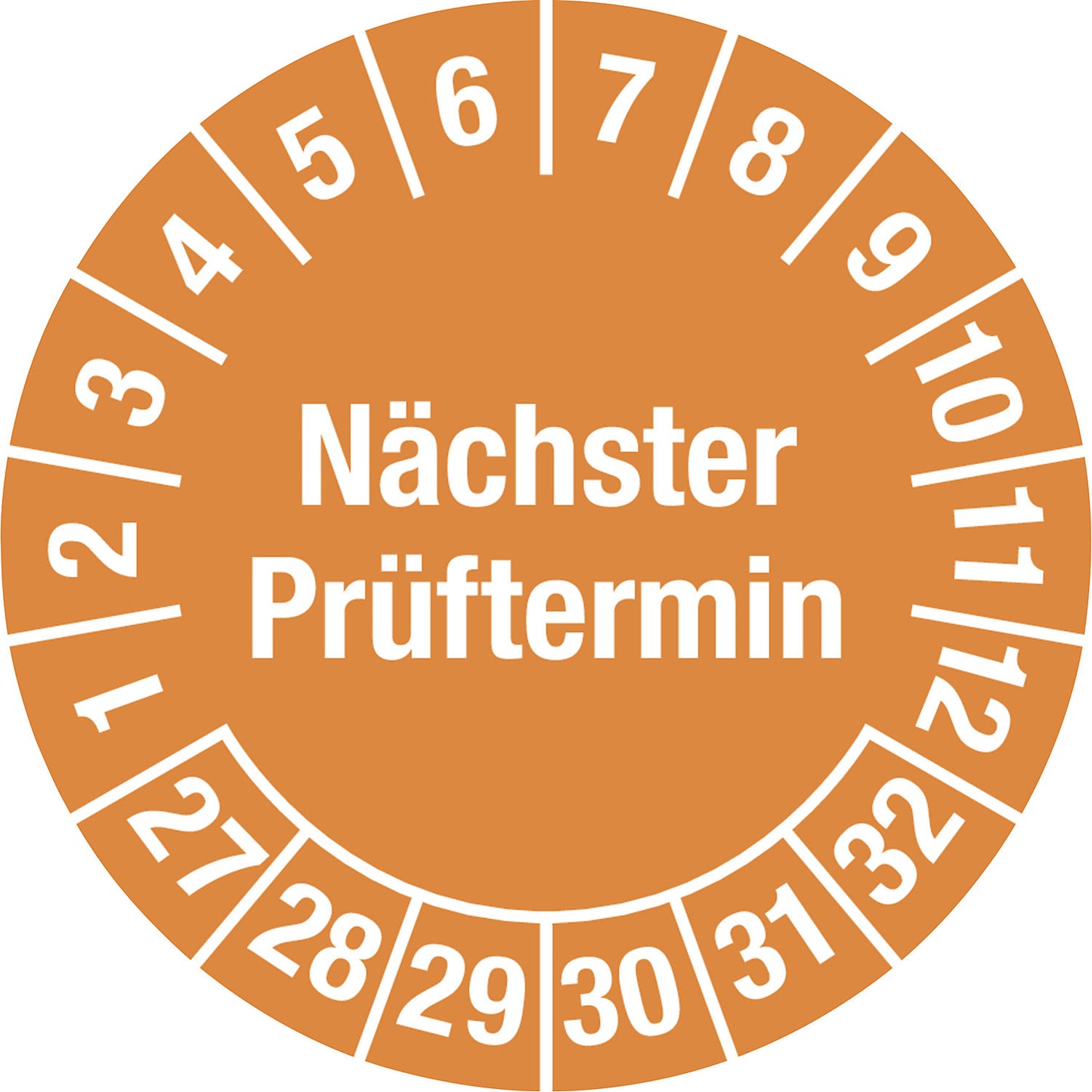 Next test date, multiple years, document film, Ø 25 mm, pack of 10, 27 - 32, orange.