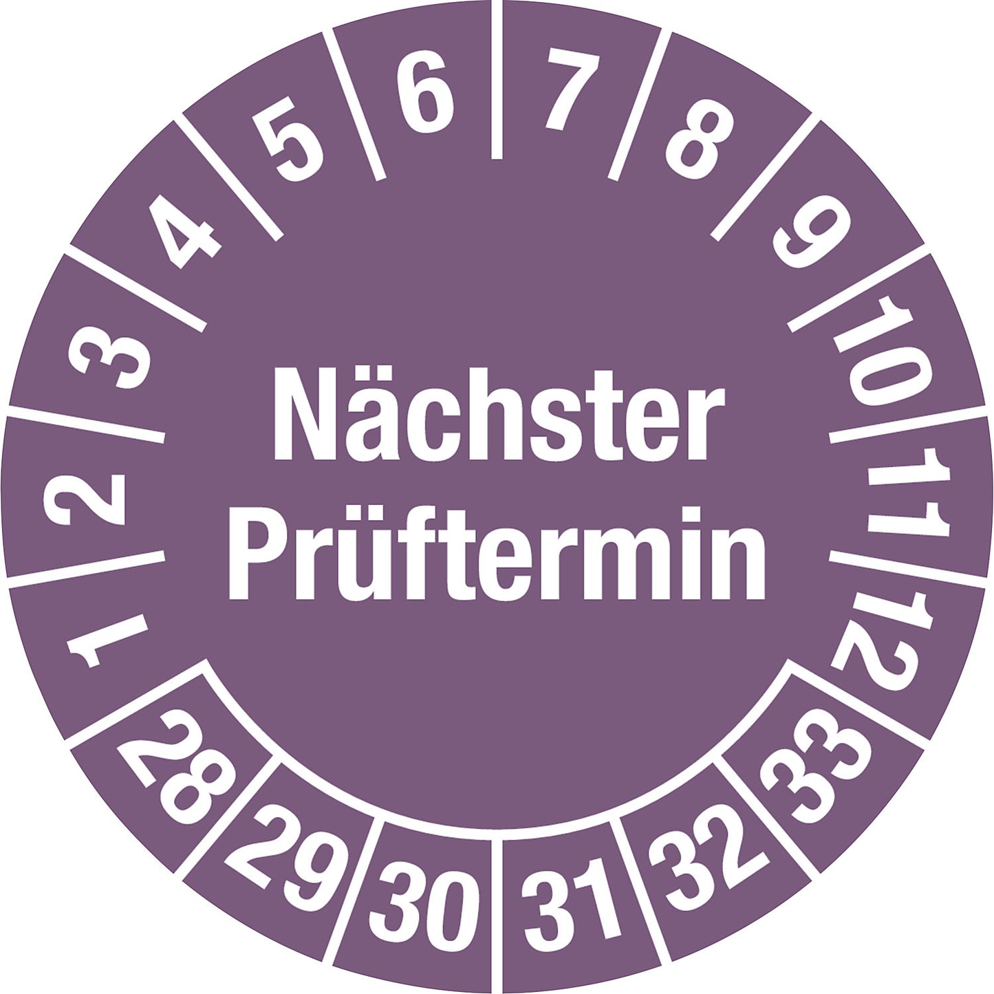 Next test date, multiple years, document film, Ø 30 mm, pack of 10, 28 - 33, purple.