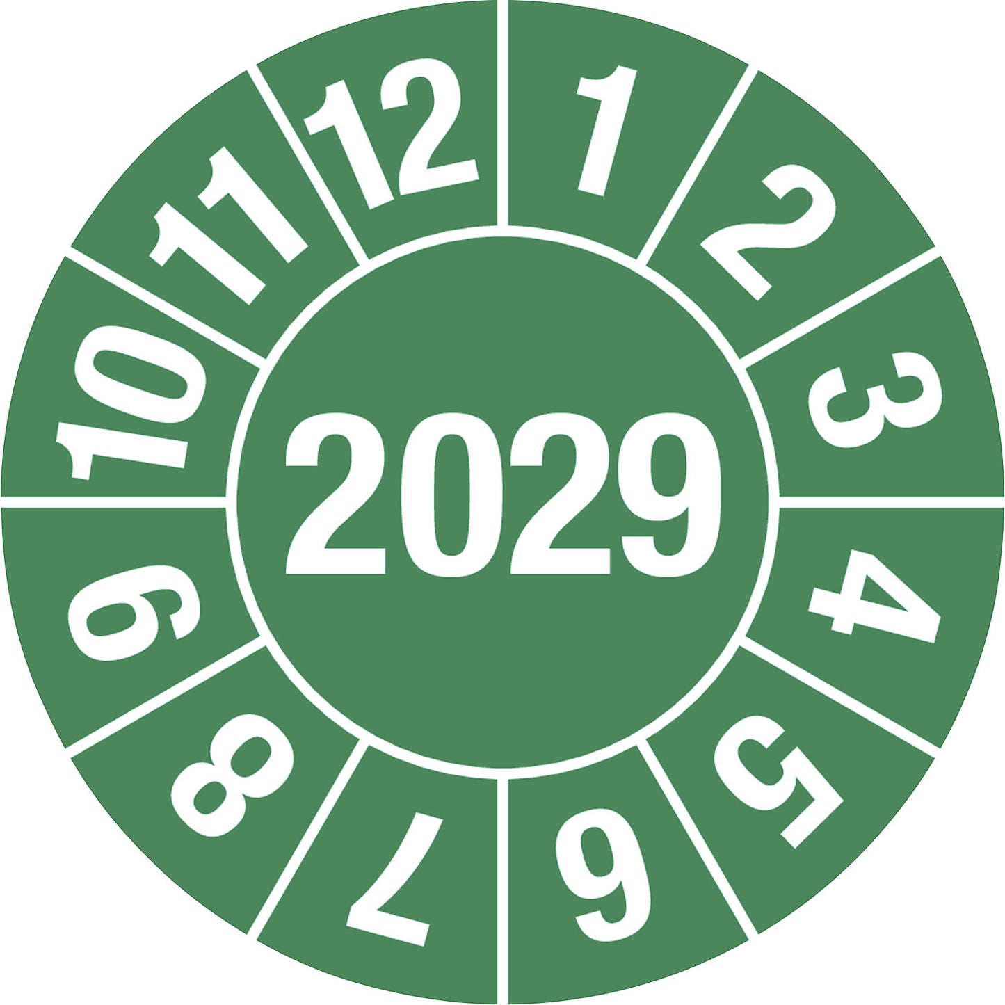 Test placard, 4 digit year, document film, Ø 25 mm, pack of 10, 2029, green.