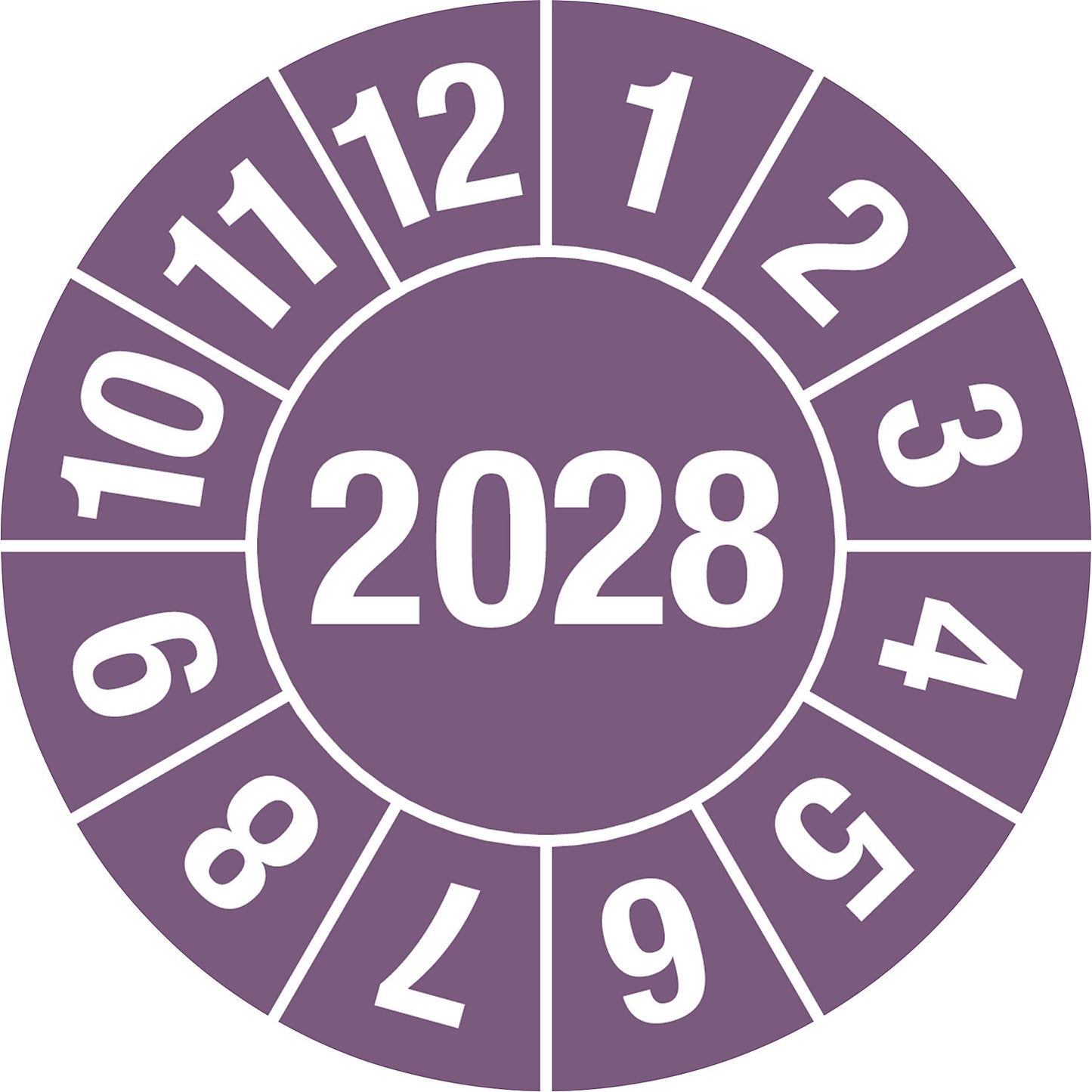 Test placard, 4 digit year, document film, Ø 30 mm, pack of 10, 2028, purple.