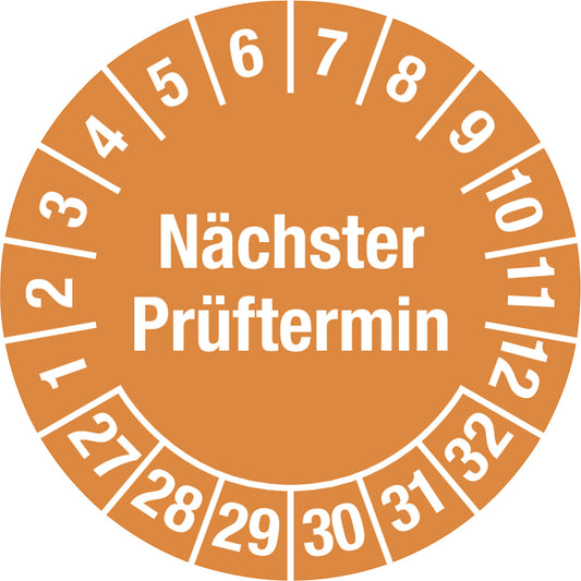 Multiple year placard, next test date, document film, Ø 20 mm, 27 - 32, orange.