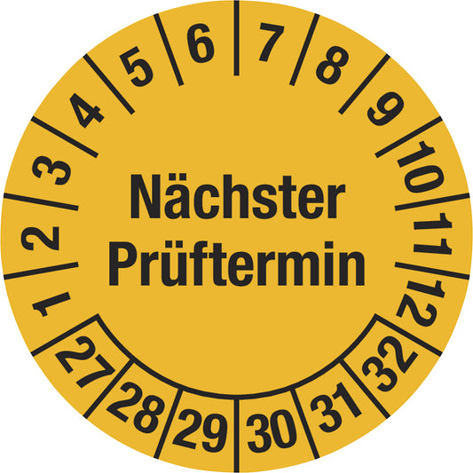 Multiple year placard, next test date, document film, Ø 20 mm, 27 - 32, yellow.