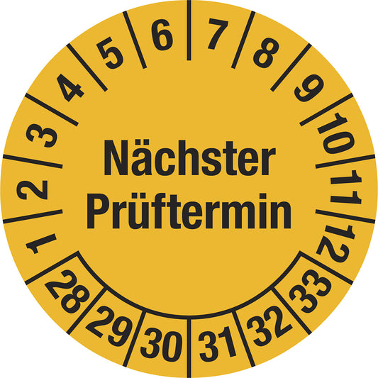 Multiple year placard, next test date, document film, Ø 30 mm, pack of 10, 28 - 33.