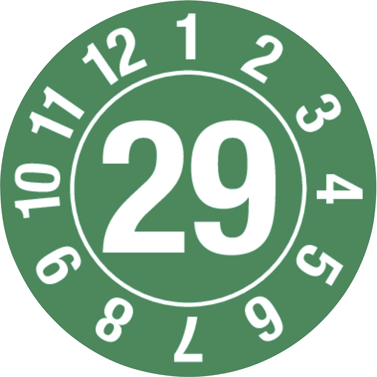 Test placard, year, document film, in a circle, Ø 10 mm, 29, green.