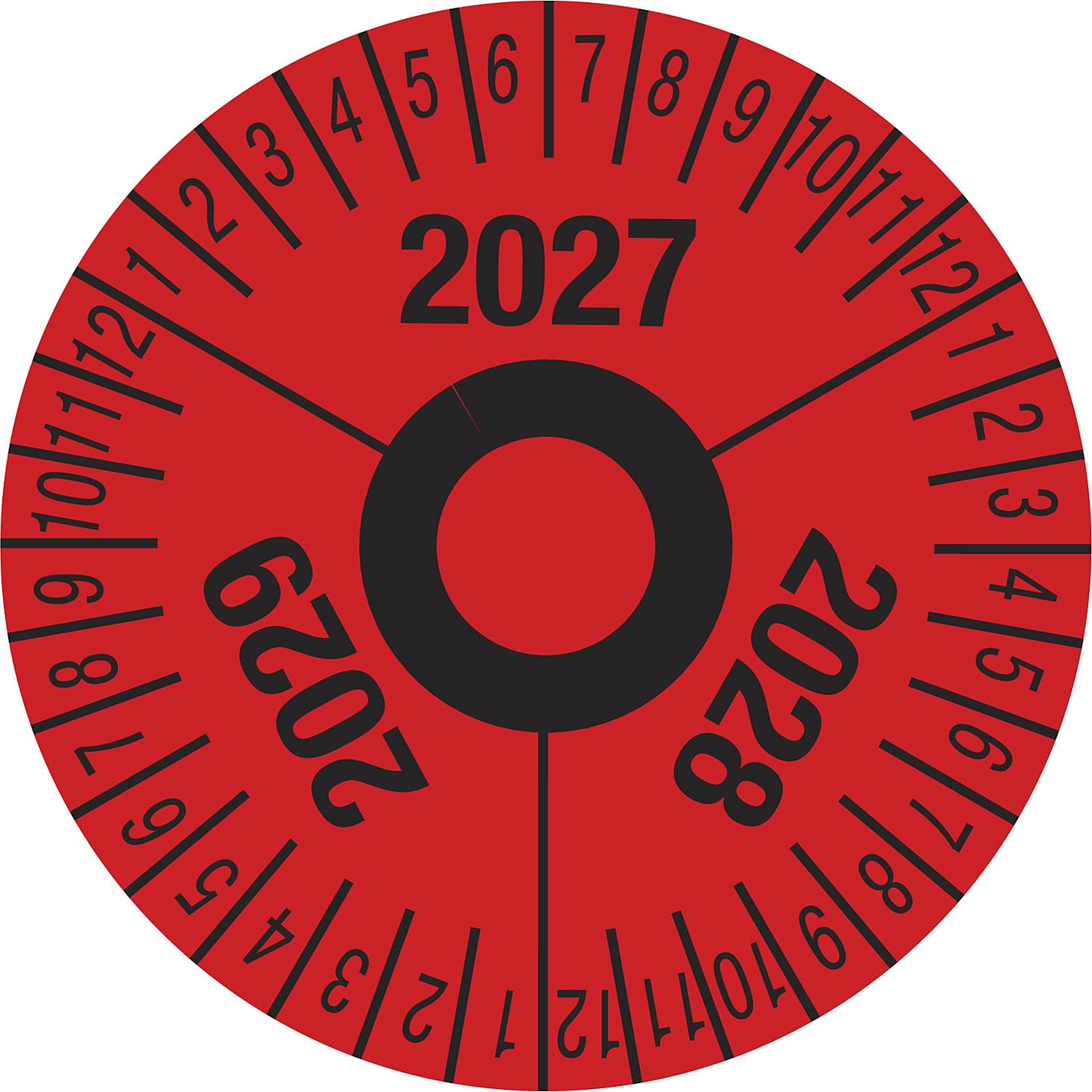 Test placard, multiple years, red, film, Ø 40 mm, pack of 10, 2027 - 2029.