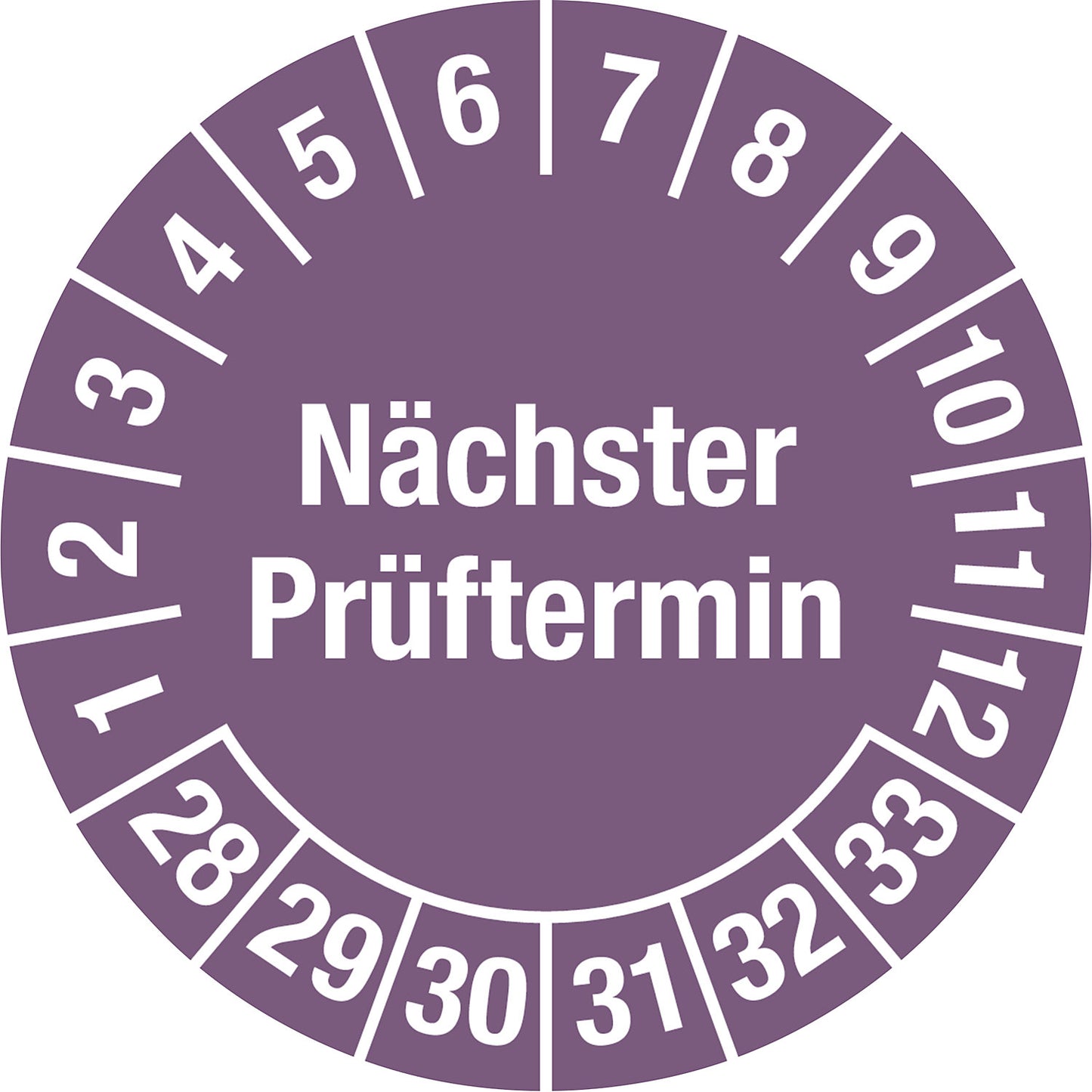 Next test date, multiple years, document film for oily surfaces, Ø 30 mm, pack of 10, 28 - 33, purple.