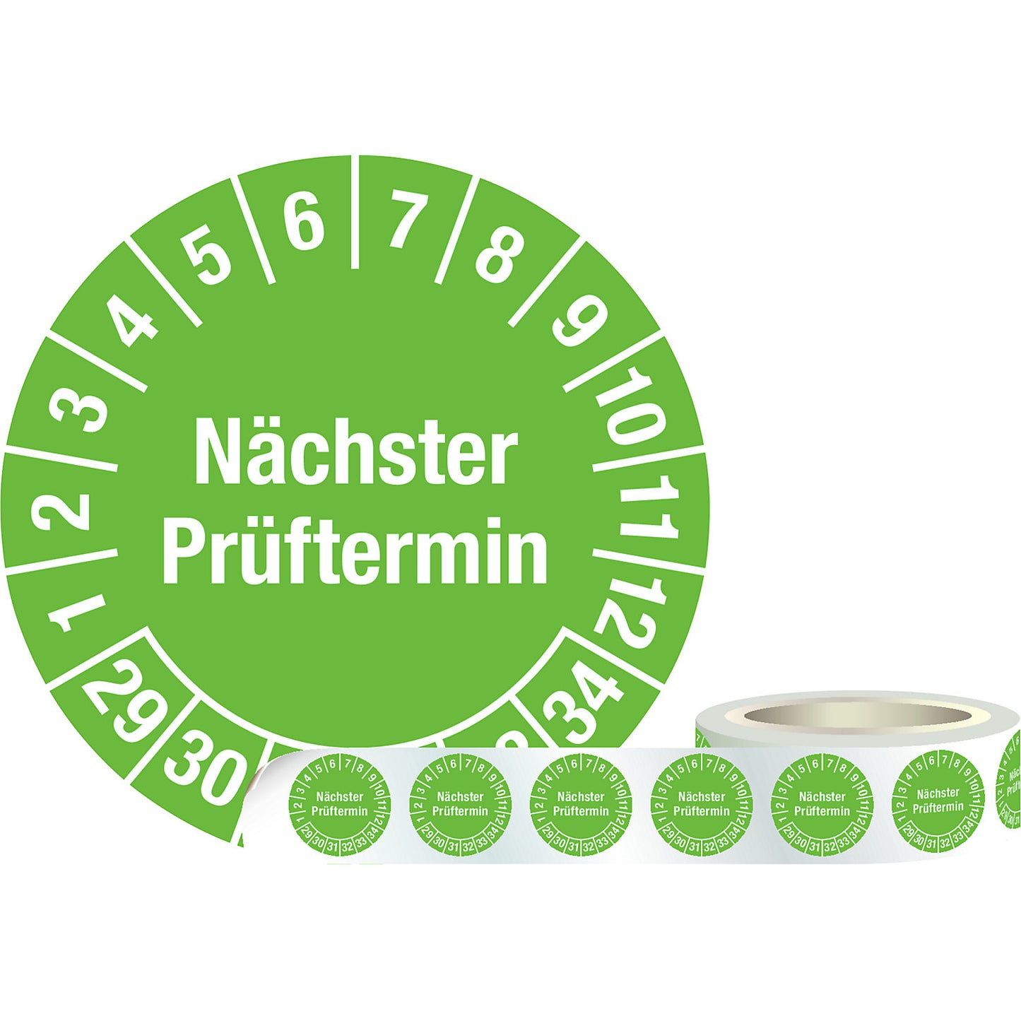 Inspection label (next test date), film, Ø 30 mm, 1 roll of 1000, 29 - 34, green.
