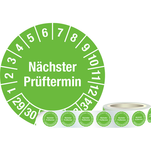 Inspection label (next test date), film, Ø 30 mm, 1 roll of 1000, 29 - 34, green.