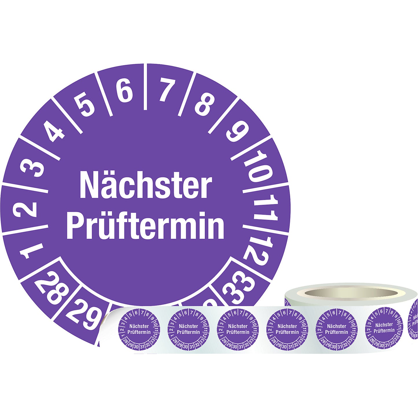 Inspection label (next test date), film, Ø 30 mm, 1 roll of 1000, 28 - 33, purple.