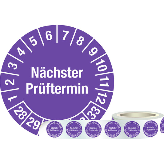 Inspection label (next test date), film, Ø 30 mm, 1 roll of 1000, 28 - 33, purple.