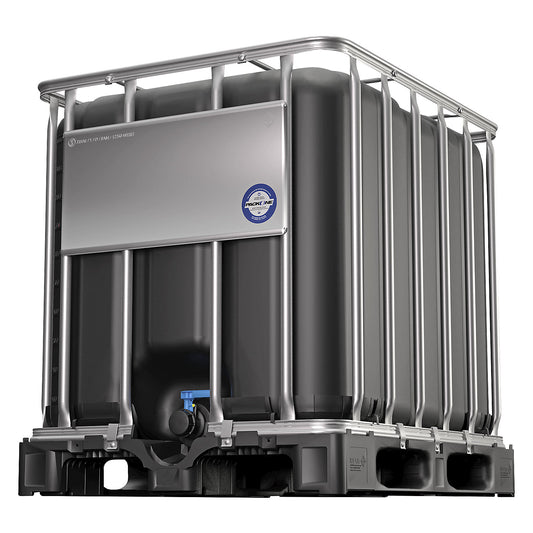 IBC container with UN approval, UV protection, capacity 1000 l, black, on a plastic pallet.