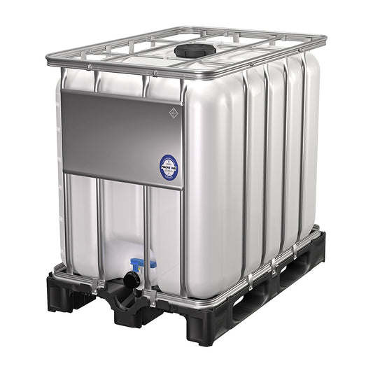IBC container, slide valve, capacity 600 l, natural, on a plastic pallet.
