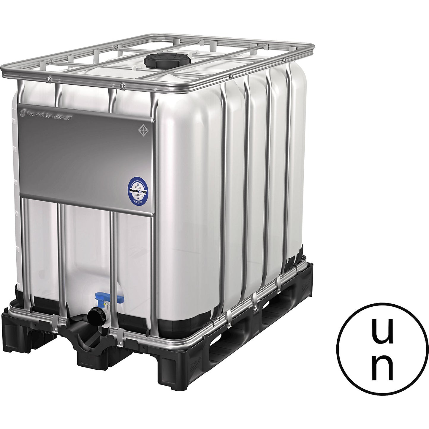 IBC container with UN approval, capacity 600 l, natural, on a plastic pallet.