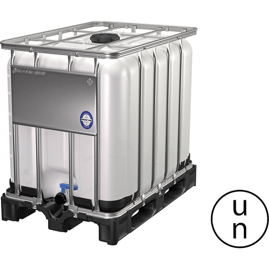 IBC container with UN approval, capacity 600 l, natural, on a plastic pallet.