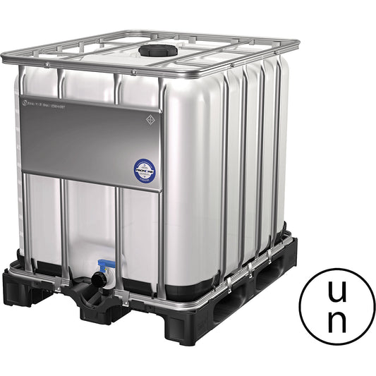 IBC container with UN approval, capacity 1000 l, on a plastic pallet.