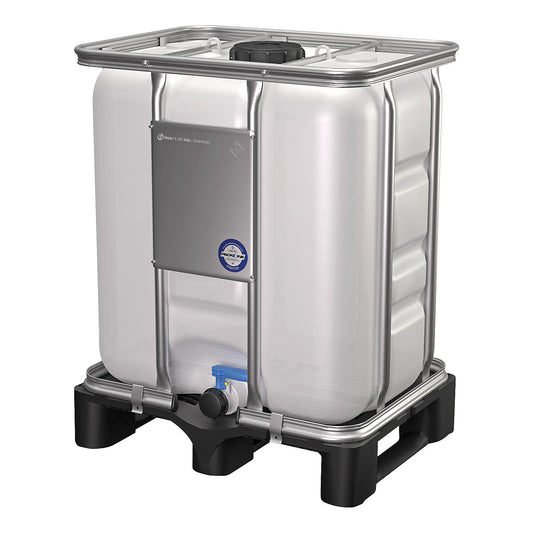 IBC container with UN approval, capacity 300 l, natural, on a plastic pallet.