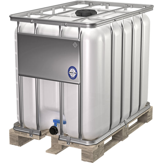 IBC container, standard, capacity 600 l, natural, on a wooden pallet.