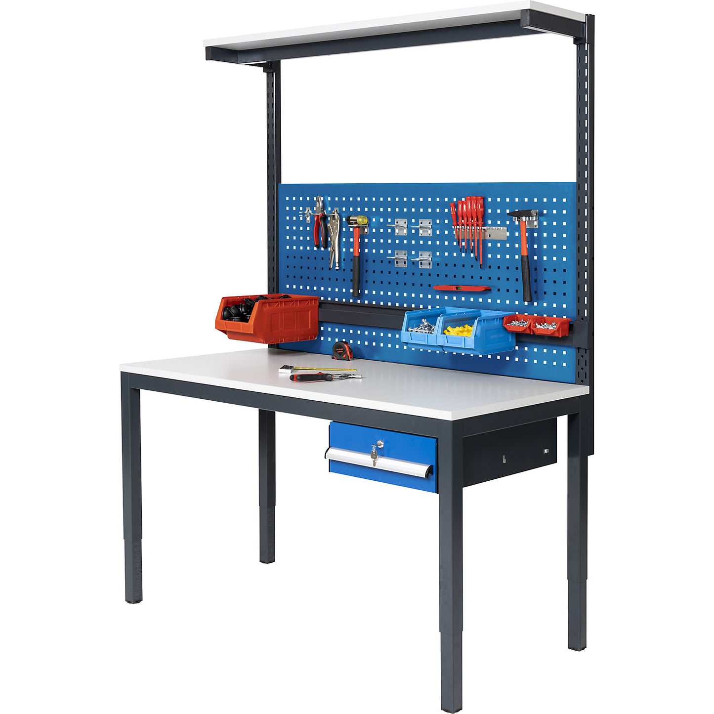 Complete workplace, height adjustable, incl. single drawer, perforated panel, bin rail, shelf, melamine worktop.