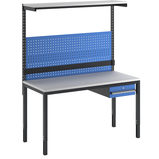 Complete workplace, height adjustable, incl. single drawer, perforated panel, bin rail, shelf, melamine worktop.