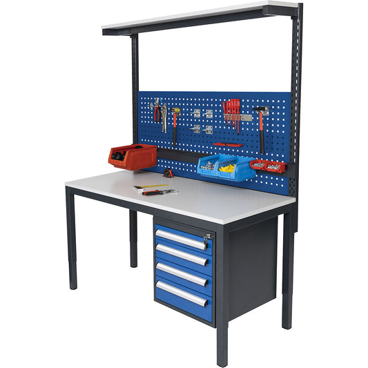 Complete workplace, height adjustable, with 4 drawers, perforated panel, bin rail, shelf, working height 650 - 900 mm.