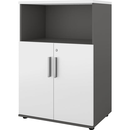 Portland cupboard, WxD 800 x 420 mm, H 1138 mm, door height 700 mm, dark grey / brushed white.