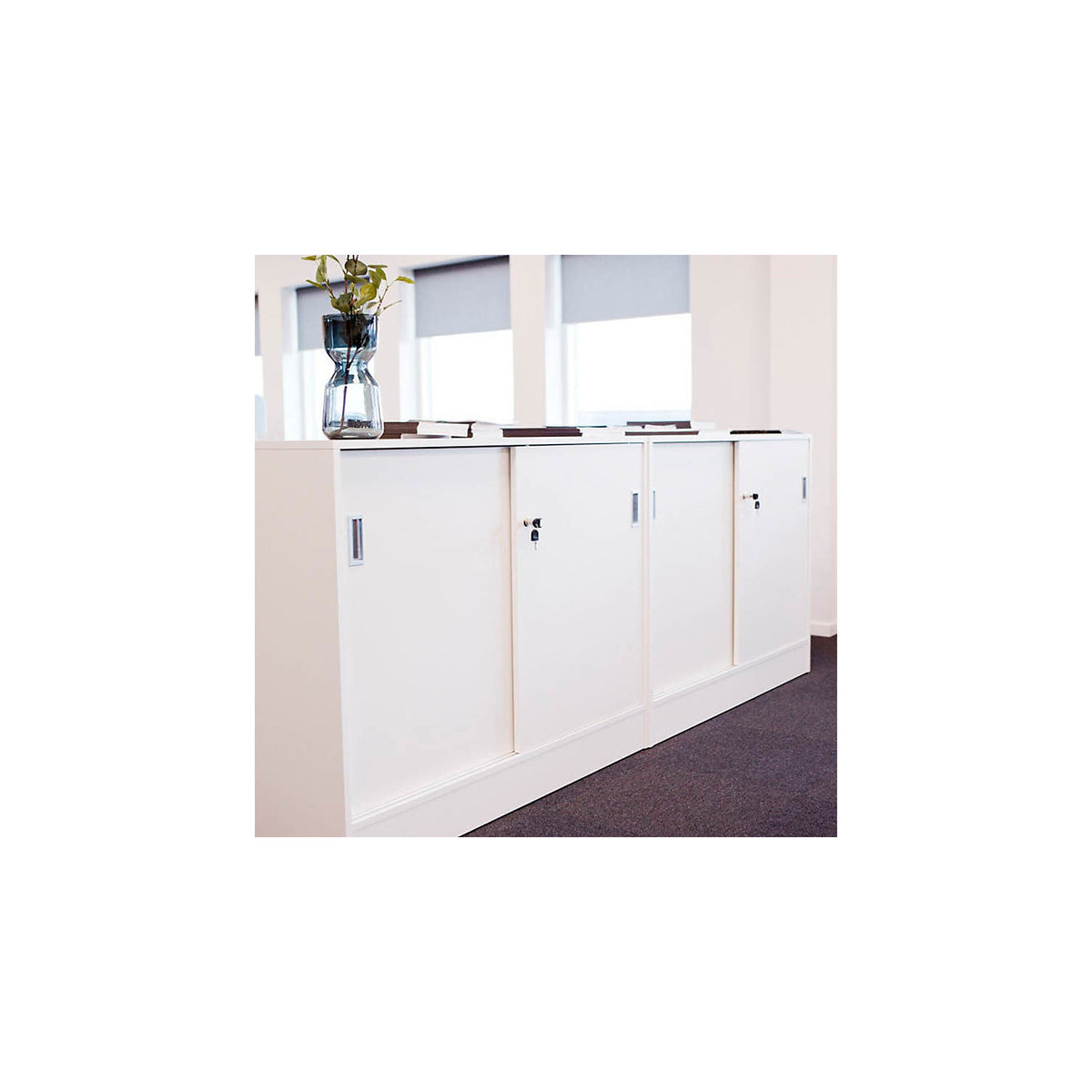 Chicago cupboard with sliding doors, HxWxD 1353 x 1215 x 400 mm, light grey.