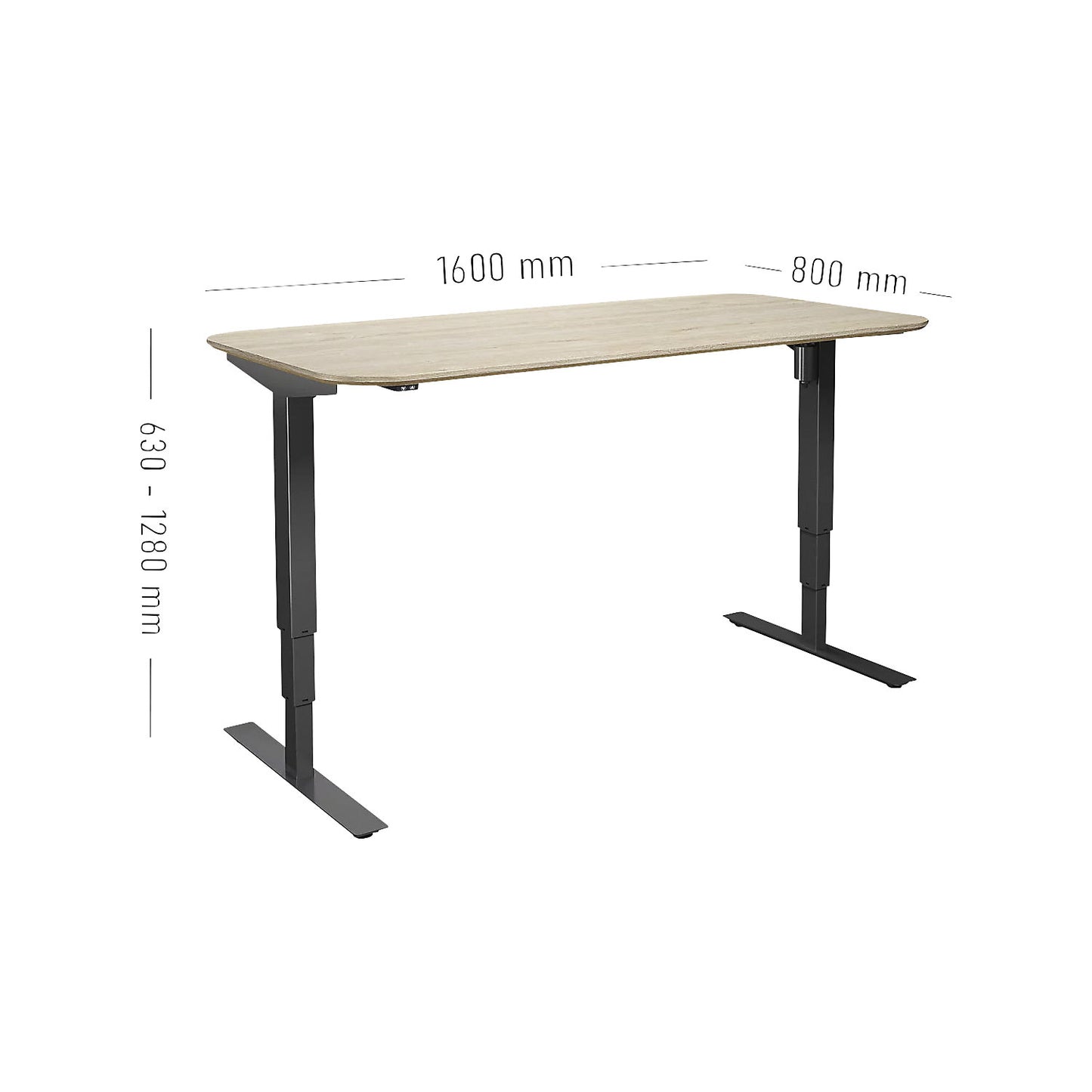 Atlanta Trend desk, electrically height adjustable, straight, rounded corners, WxD 1600 x 800 mm, oak/black.