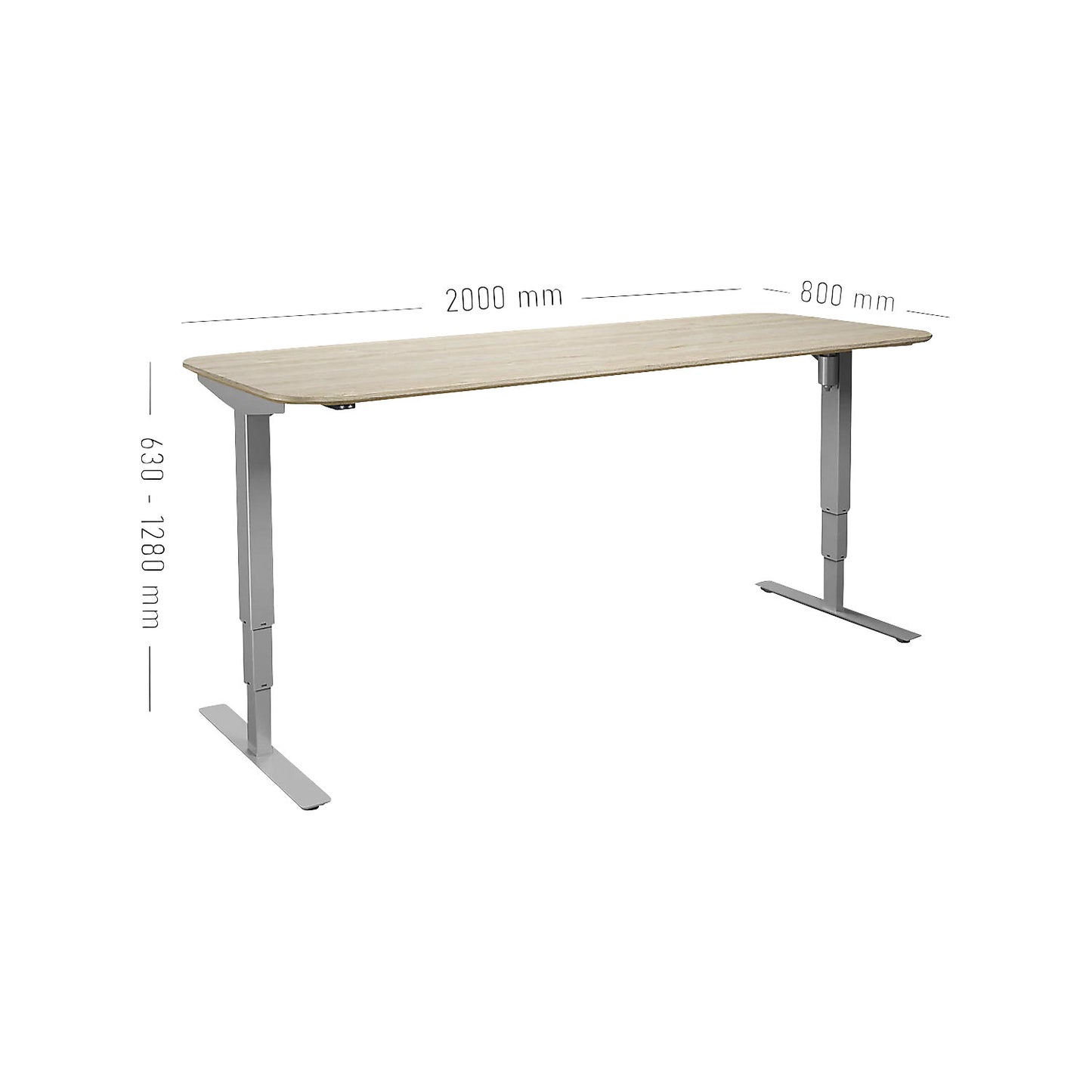 Atlanta Trend desk, electrically height adjustable, straight, rounded corners, WxD 2000 x 800 mm, oak/silver.