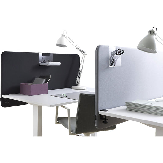 Standard acoustic desk partition with rounded corners, height 650 mm, fabric, width 1400 mm, black.