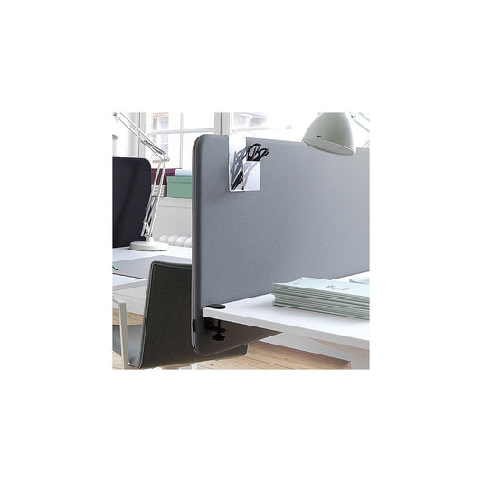 Standard acoustic desk partition with rounded corners, height 650 mm, fabric, width 1400 mm, grey.