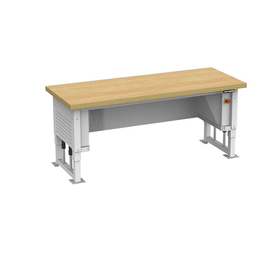 Heavy duty table, electrically height adjustable, worktop width 2030 mm, max. surface load 1000 kg, light grey RAL 7035.