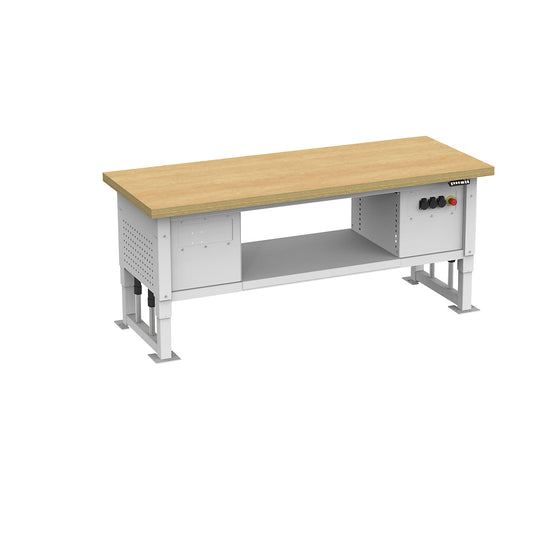 Heavy duty table, electrically height adjustable, worktop width 2030 mm, max. surface load 2000 kg, light grey RAL 7035.