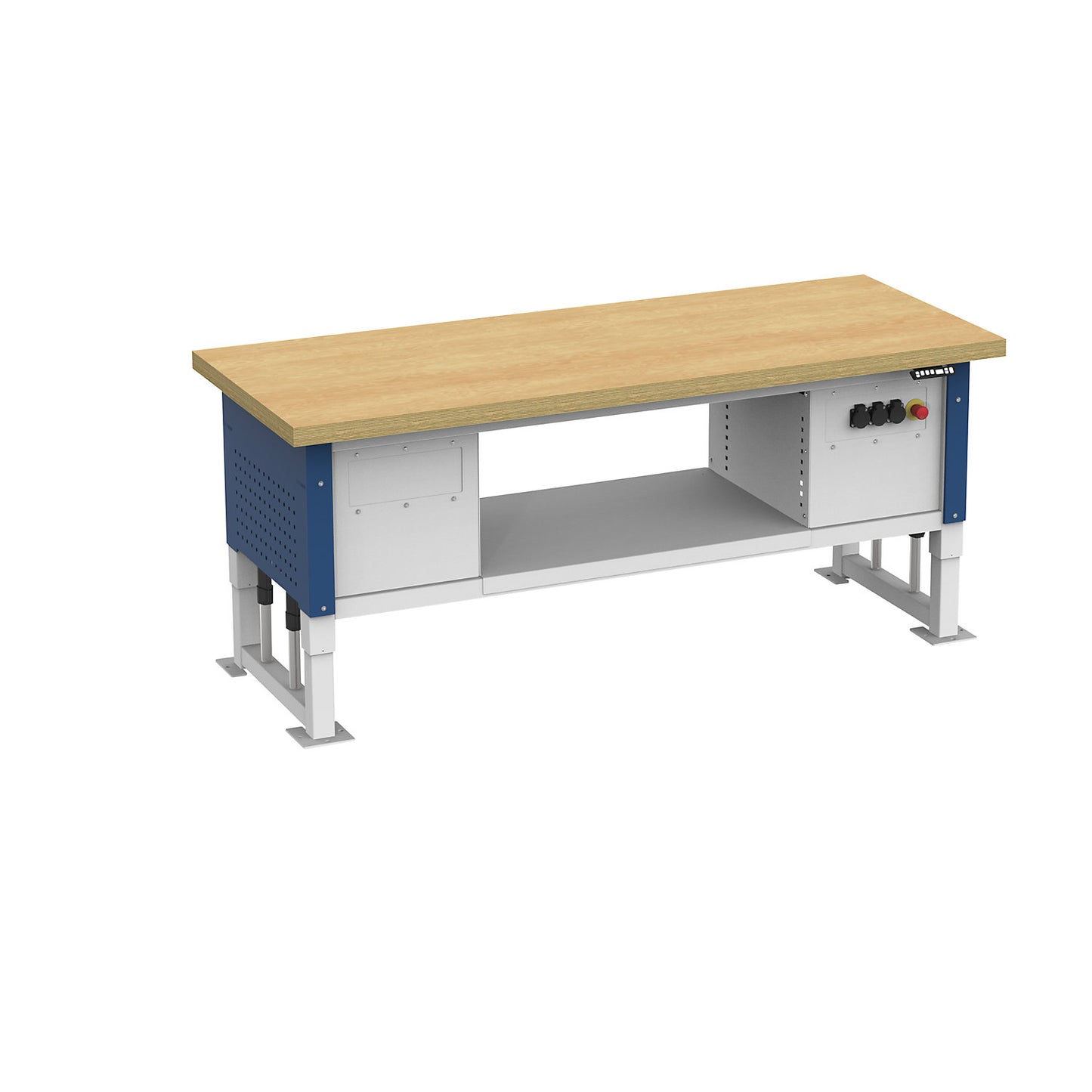 Heavy duty table, electrically height adjustable, worktop width 2030 mm, max. surface load 2000 kg, gentian blue RAL 5010.