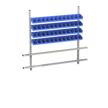 Add-on for table with open fronted storage bins, width 1685 mm, 4 rails with 48 boxes, bins in blue.
