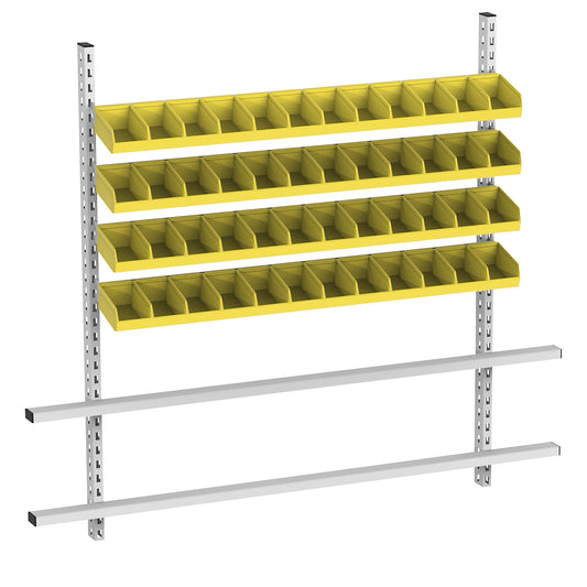 Add-on for table with open fronted storage bins, width 1685 mm, 4 rails with 48 boxes, bins in yellow.