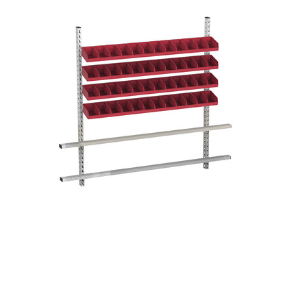 Add-on for table with open fronted storage bins, width 1685 mm, 4 rails with 48 boxes, bins in red.