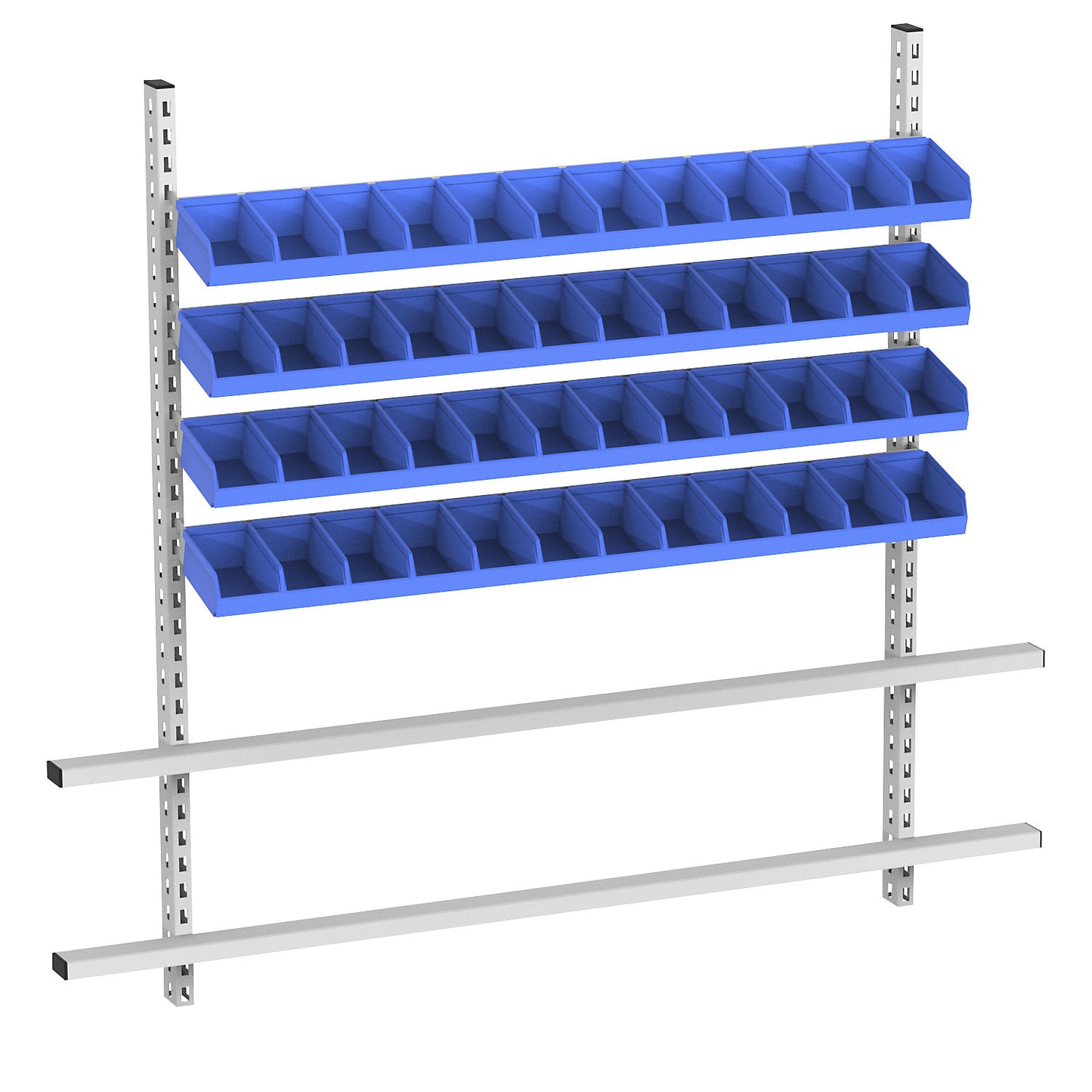 Add-on for table with open fronted storage bins, width 2030 mm, 4 rails with 48 boxes, bins in blue.