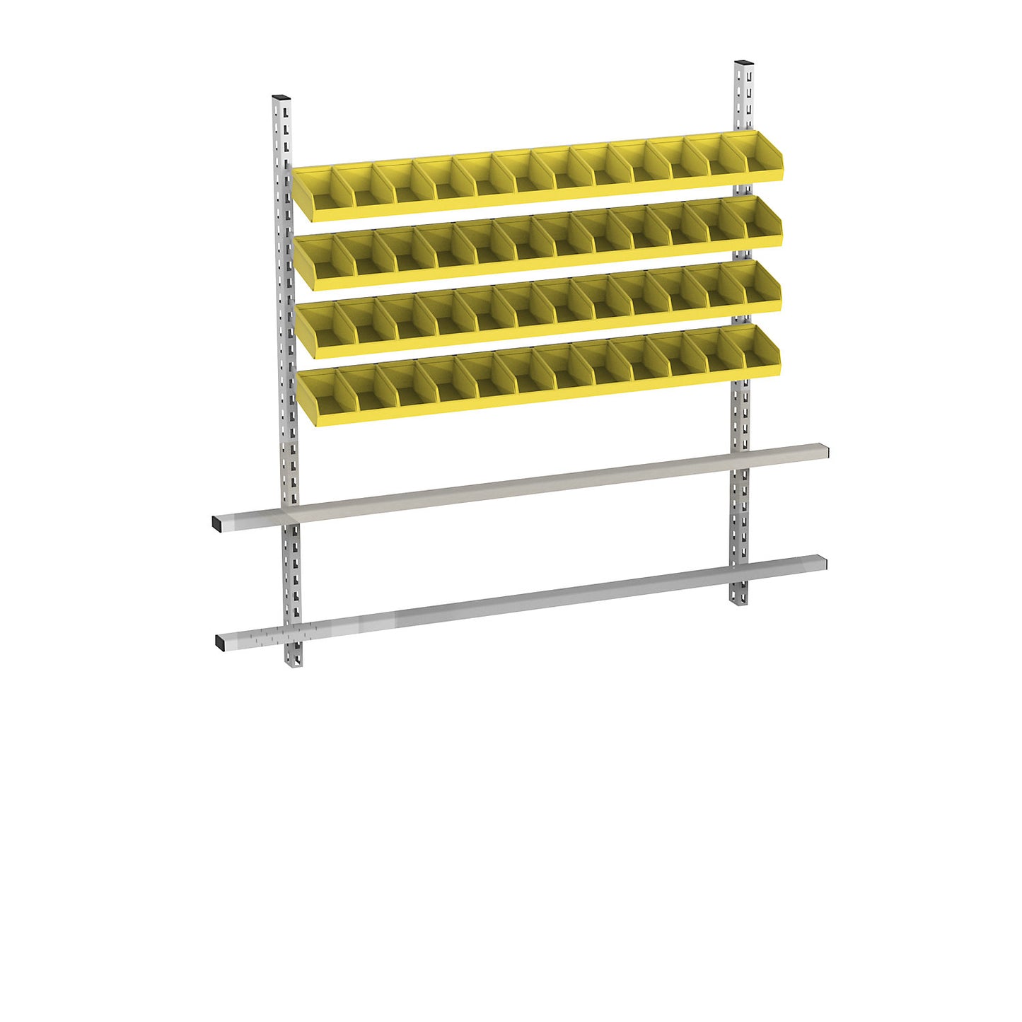 Add-on for table with open fronted storage bins, width 2030 mm, 4 rails with 48 boxes, bins in yellow.
