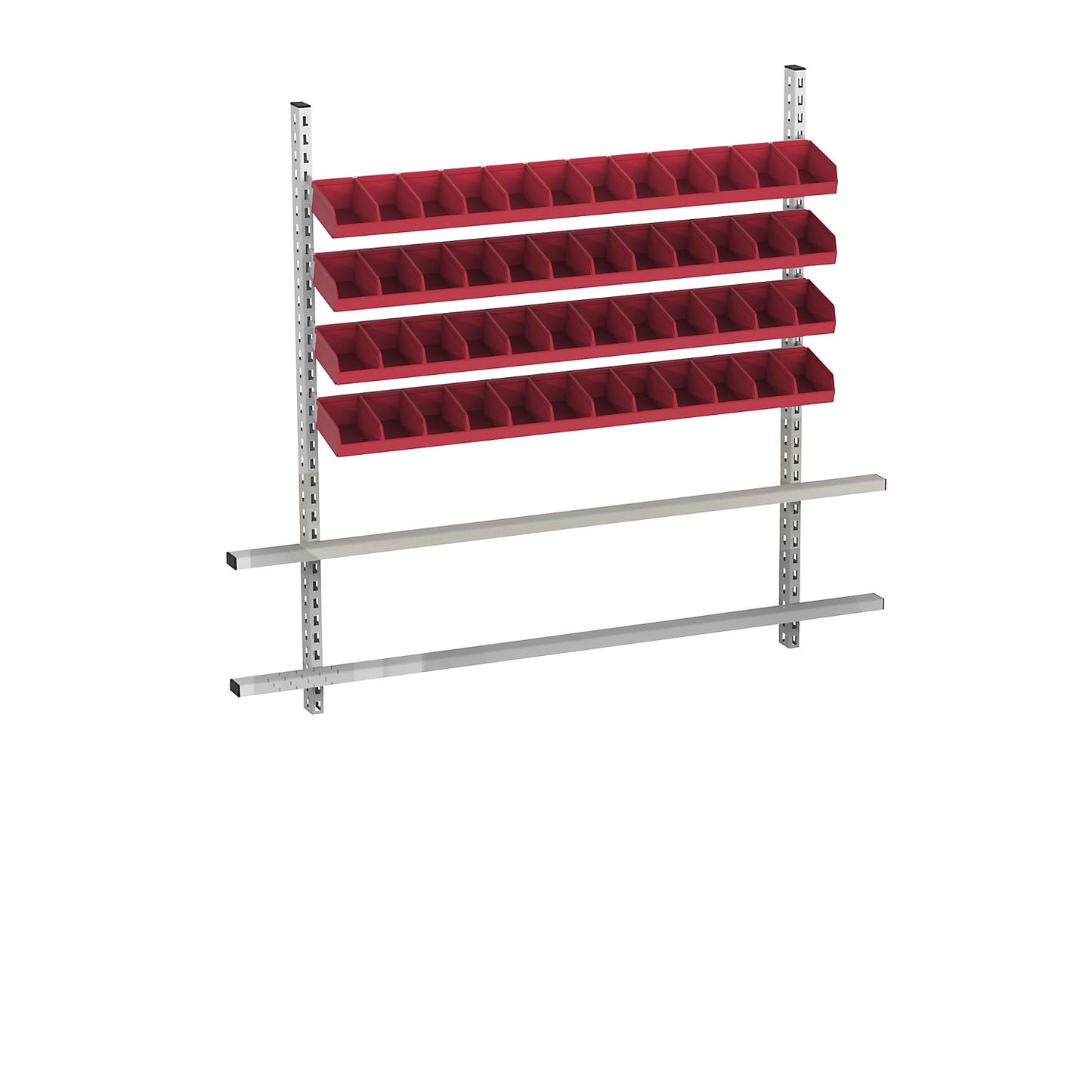 Add-on for table with open fronted storage bins, width 2030 mm, 4 rails with 48 boxes, bins in red.