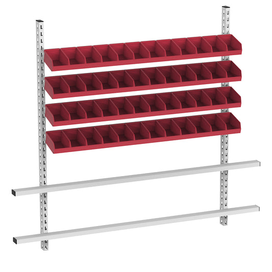 Add-on for table with open fronted storage bins, width 2030 mm, 4 rails with 48 boxes, bins in red.