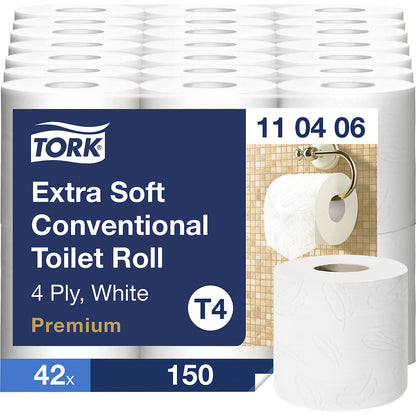 Toilet paper, extra soft, 4 ply, pack of 42 rolls (150 sheets/roll), white.