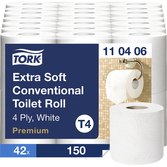 Toilet paper, extra soft, 4 ply, pack of 42 rolls (150 sheets/roll), white.