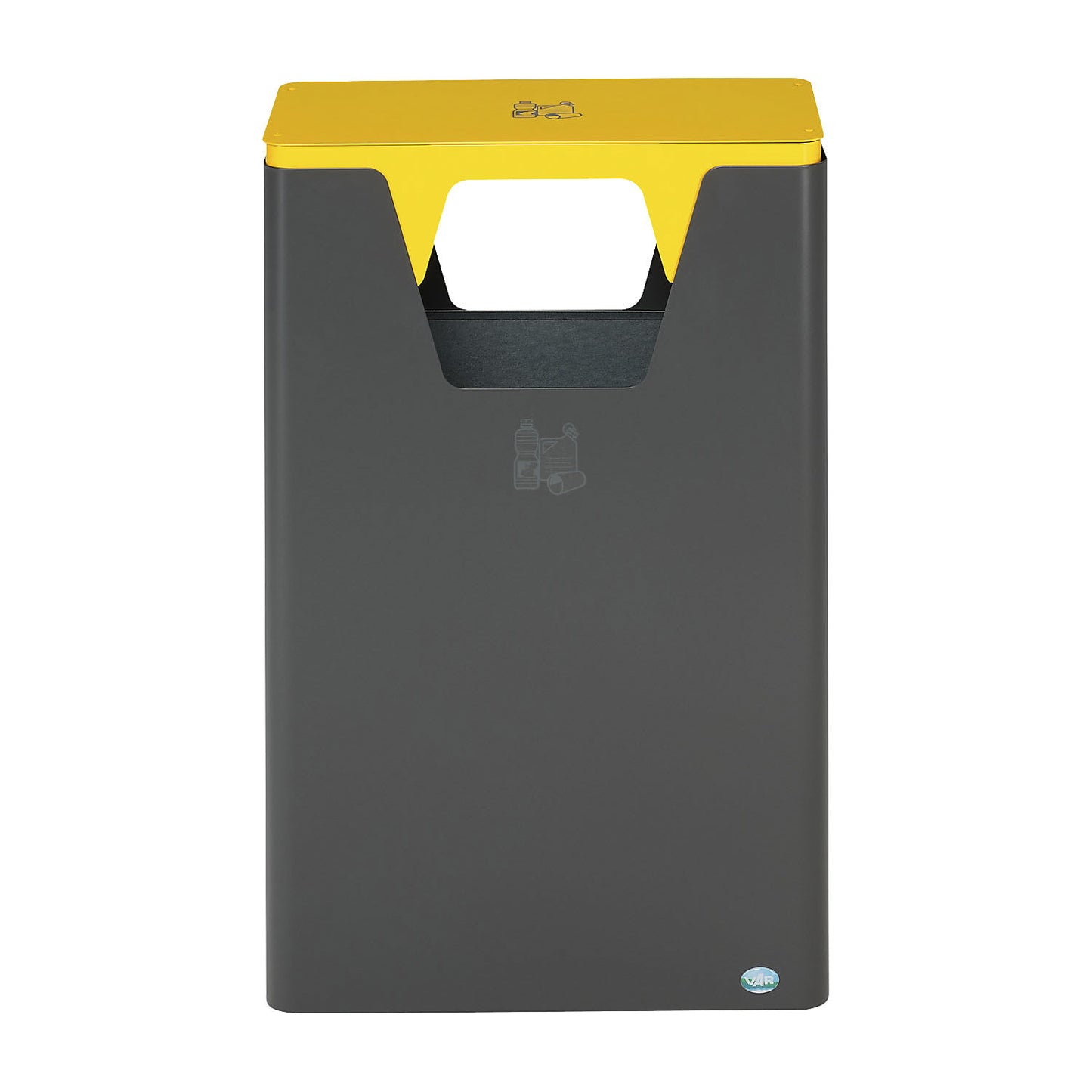 Outdoor recyclable waste collector, capacity 60 l, HxWxD 890 x 300 x 550 mm, iron glimmer/yellow.