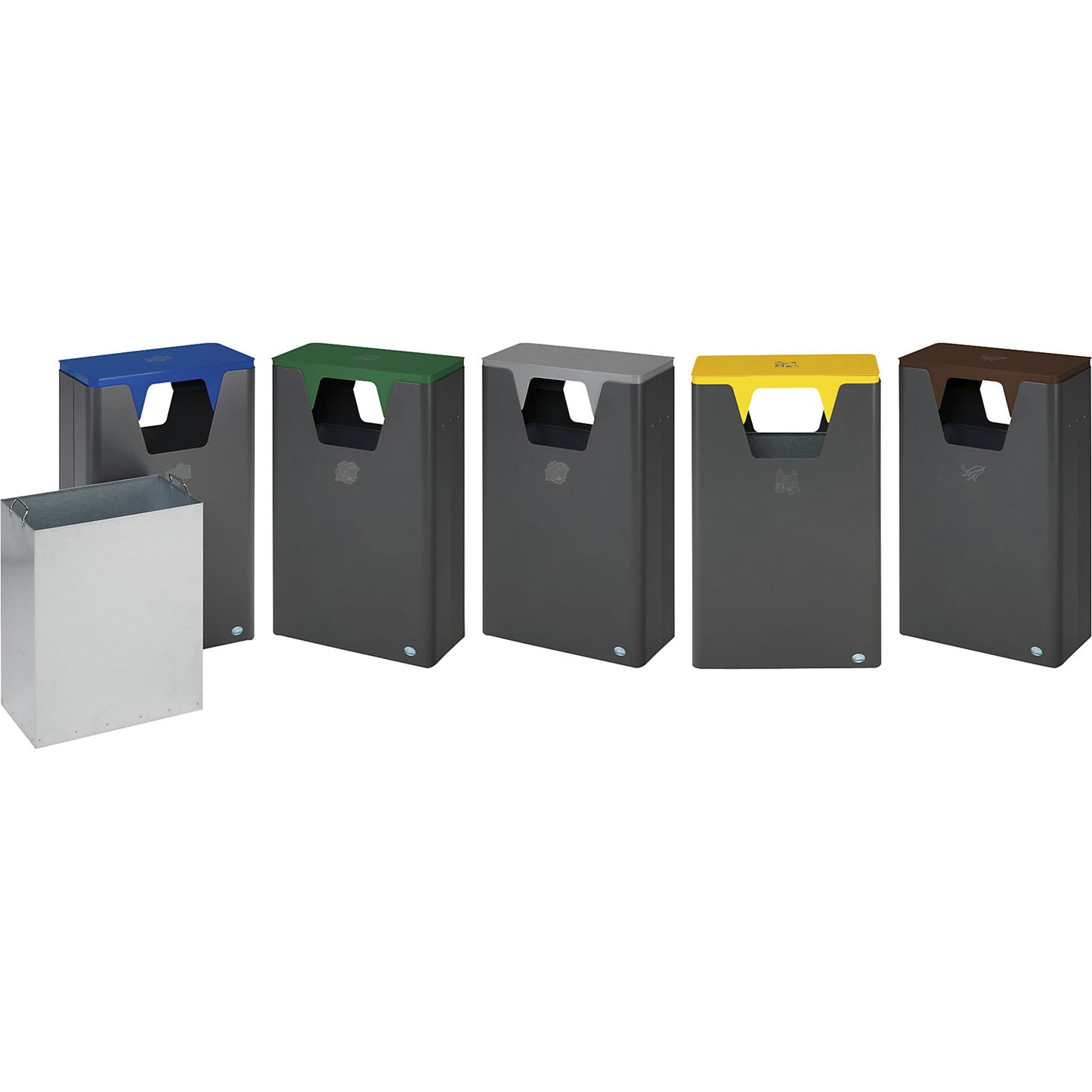 Outdoor recyclable waste collector, capacity 60 l, HxWxD 890 x 300 x 550 mm, iron glimmer/green.