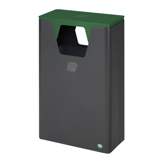 Outdoor recyclable waste collector, capacity 60 l, HxWxD 890 x 300 x 550 mm, iron glimmer/green.