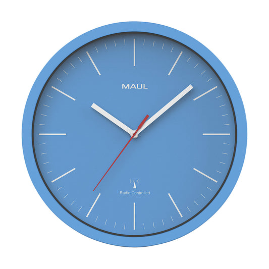 MAULjump wall clock, radio synchronised time keeping mechanism, light blue.