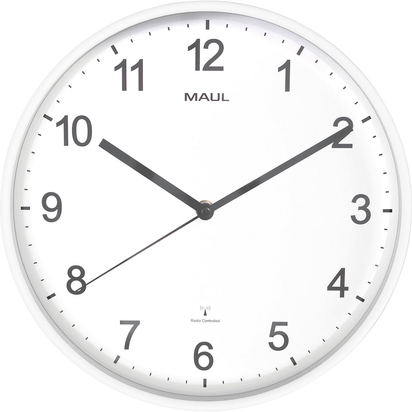 MAULsprint wall clock, radio synchronised time keeping mechanism, white.