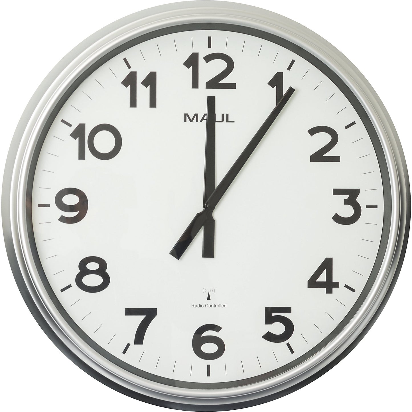 MAULride wall clock, radio synchronised time keeping mechanism, housing silver, clock face white.